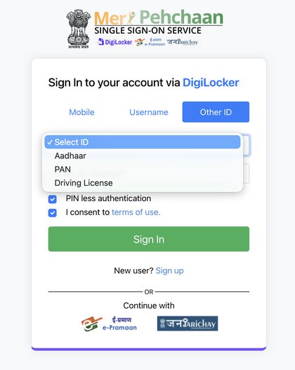 DigiLocker sign-in via Aadhaar, PAN, or driving licence