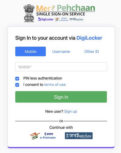 DigiLocker sign-in via mobile number with pinless authentication