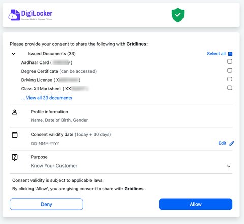 DigiLocker consent screen requesting to share documents with Gridlines